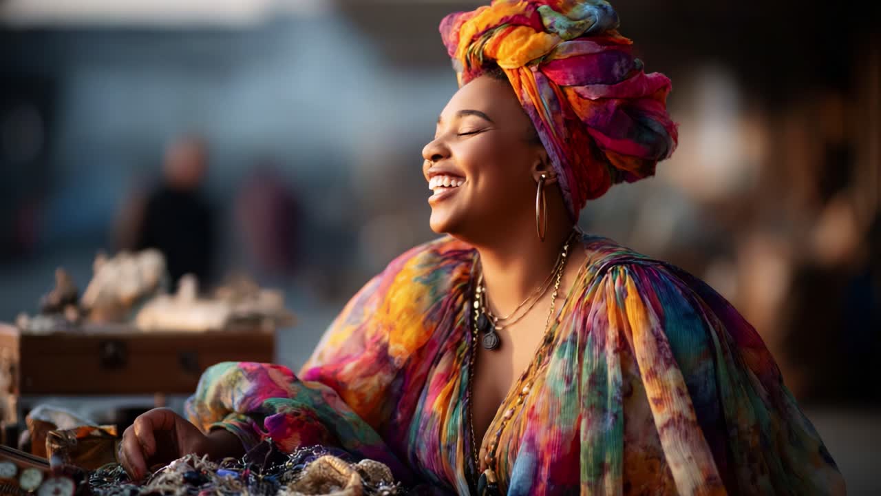 Capturing Joy: A Vibrant Portrait of a Woman in Colorful Attire Amidst a Jewel-Studded Market Setting, Radiating Happiness and Cultural Richness in Every Frame