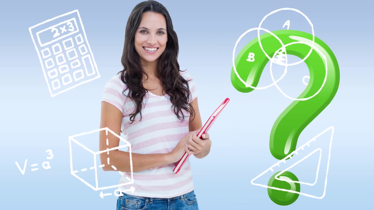 animación de iconos escolares con un signo de interrogación sobre una maestra biracial