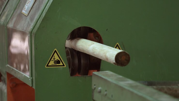 Prodotto in uscita dalla macchina dopo il processo di lavorazione del legno. Industria del legname.