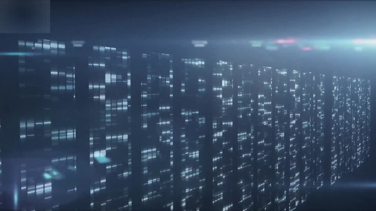 Animation of lights and data processing on navy background