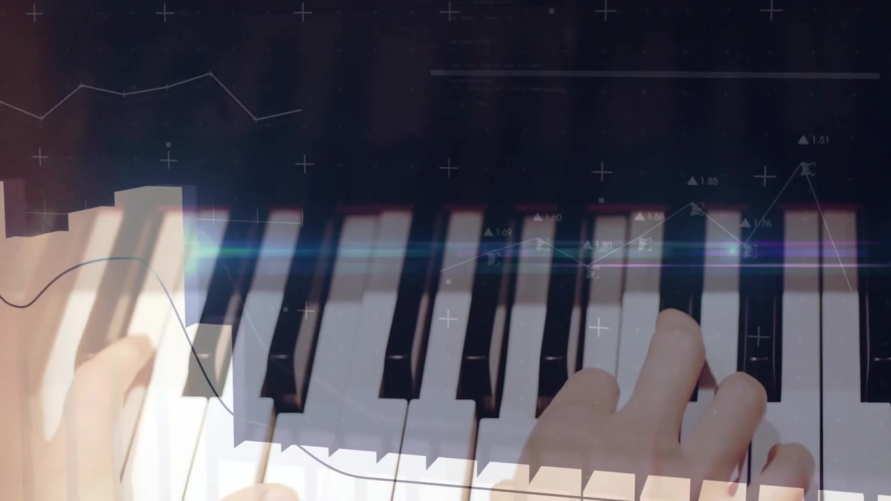 Faint line graph appearing causing musician's hands playing piano keys with animating charts