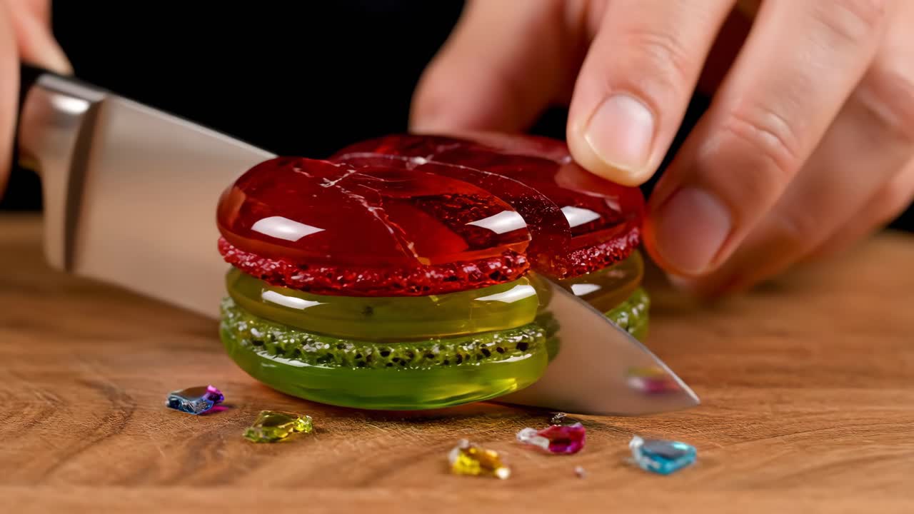 Cutting a Colorful Macaron Dessert
