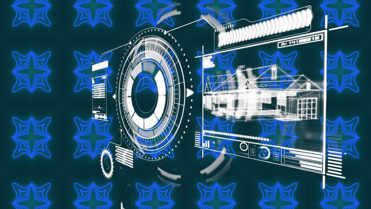 Animation of interface with data processing over blue kaleidoscopic patterns in seamless pattern