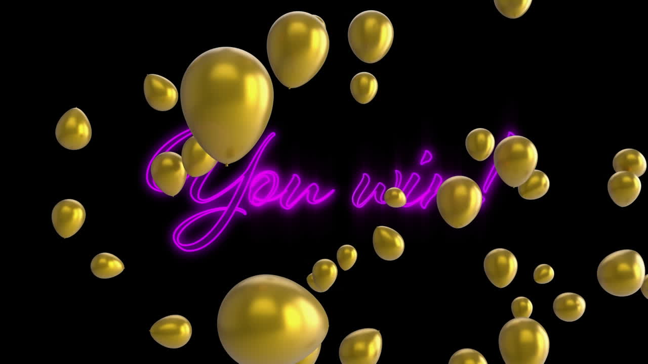 animación del texto que ganas, en neón púrpura, con globos dorados sobre fondo negro