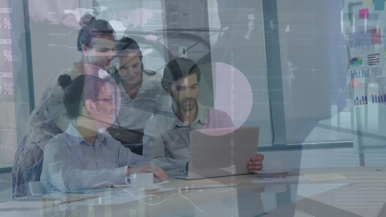 animación de estadísticas y procesamiento de datos sobre personas de negocios que trabajan en la oficina