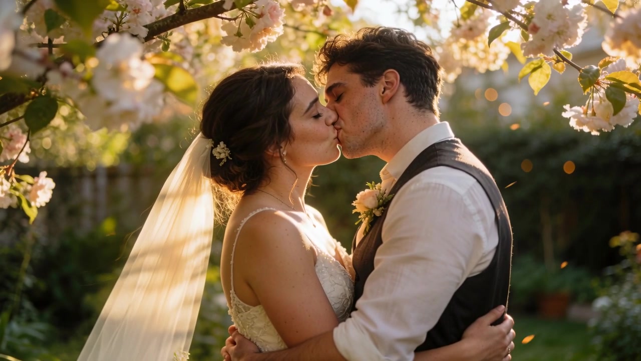 Smiling newlyweds leaning in, kissing, parting and smiling at garden wedding with veil and blossoms