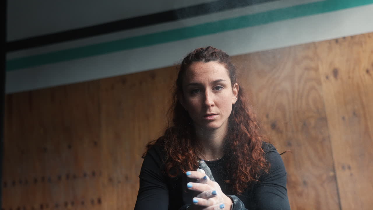 Strong woman clap at the CrossFit gym with magnesium, a potent blend of focus and power