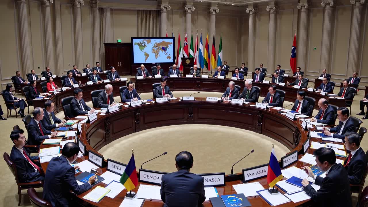 High-angle video frame of a formal international conference, featuring delegates seated
