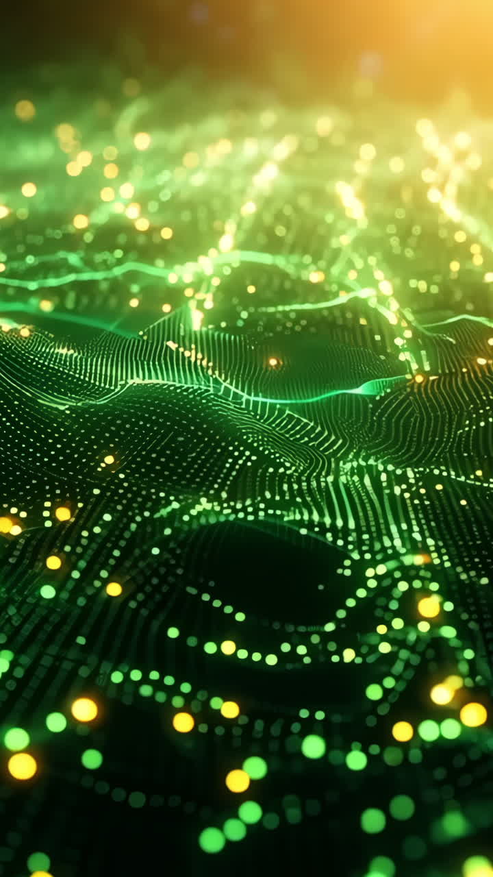 A green field with a lot of sparkles. The sparkles are scattered all over the field, creating a sense of movement and energy. The green color of the field and the sparkles give the image a lively