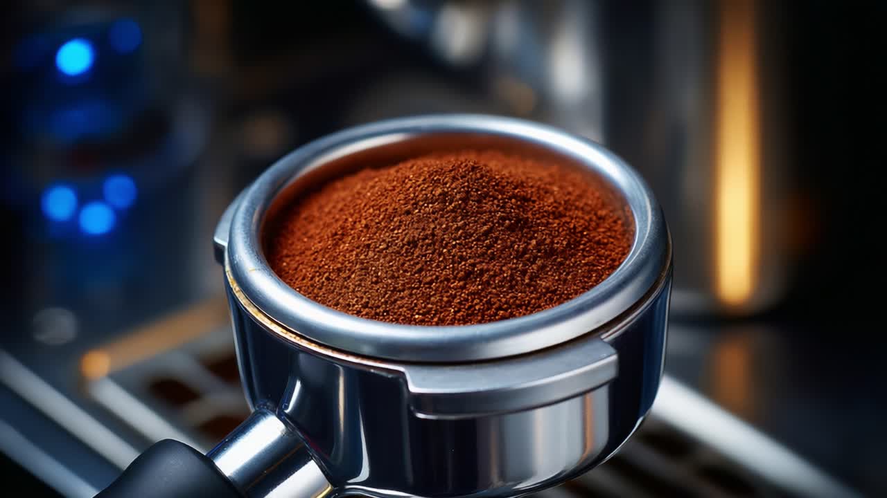 Primo piano di caffè appena macinato in un portafiltro, pronto per preparare un espresso, con riflessi sullo sfondo e un aroma intenso