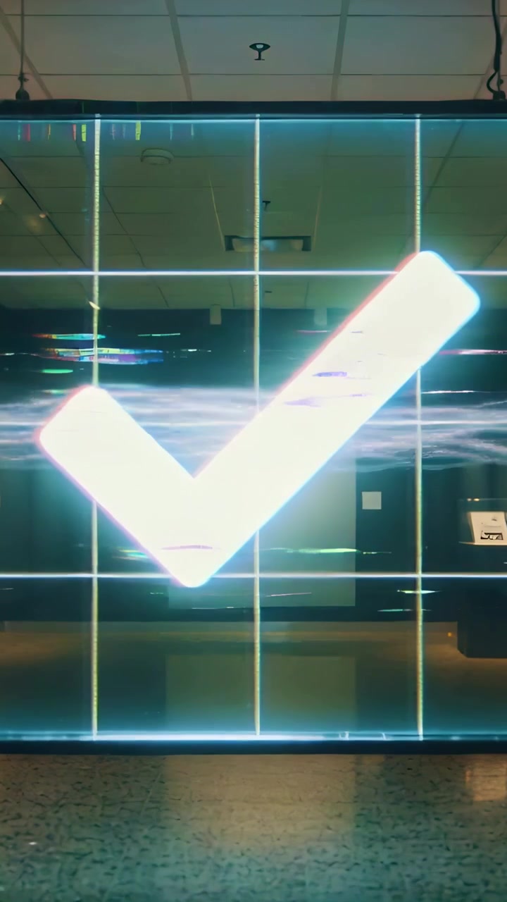 Vertical video: Appearing checkmark pulsing with glitch over glass wall in lobby, signaling success