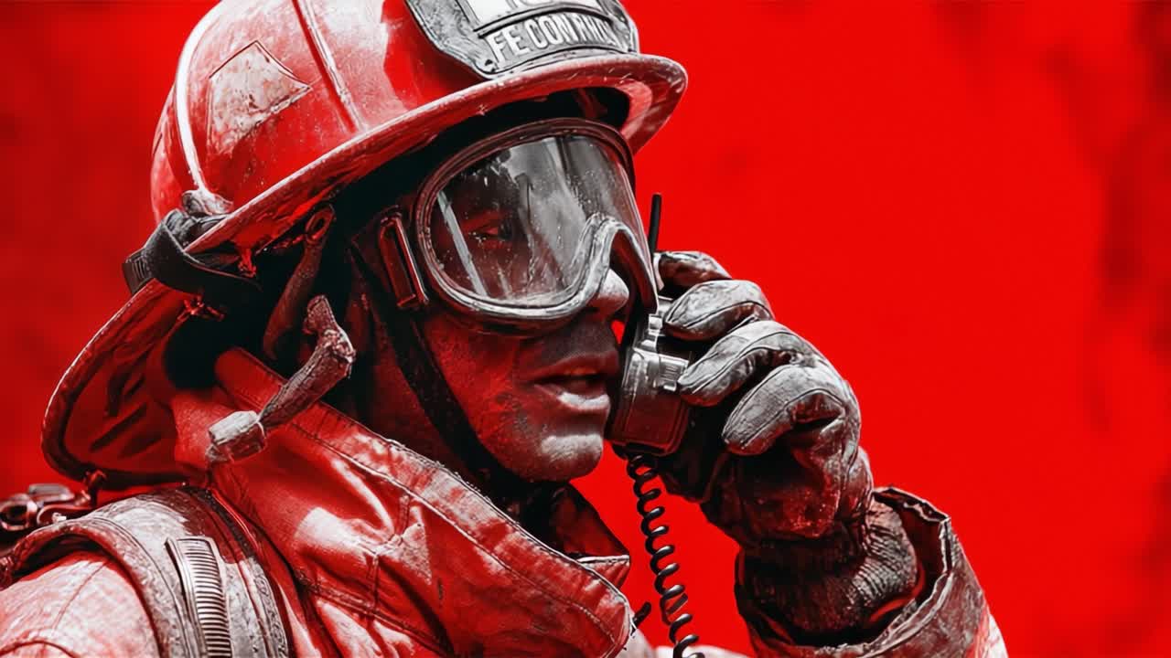 A firefighter in full gear communicates via radio, embodying courage and dedication while responding to an emergency situation, showcasing the intensity of their vital role