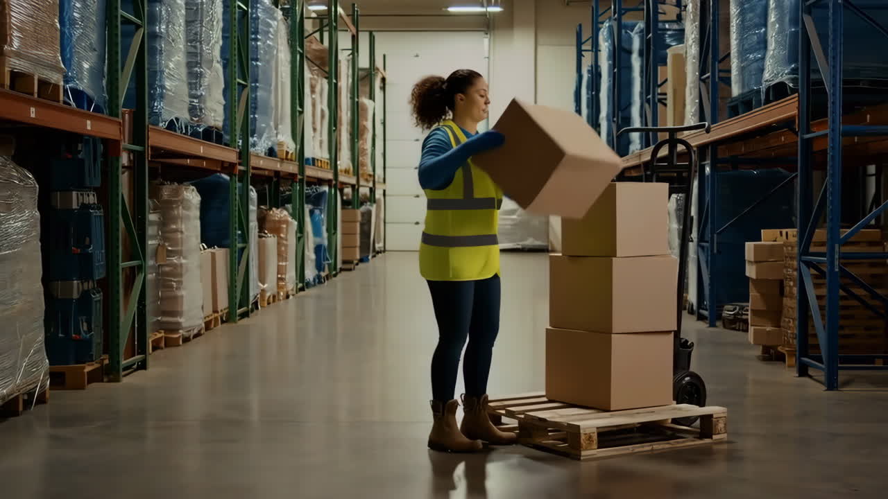 Female warehouse worker handling boxes in a logistics facility