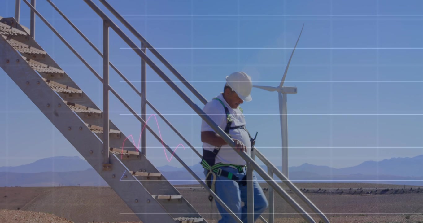 Animation of financial data processing over wind turbine