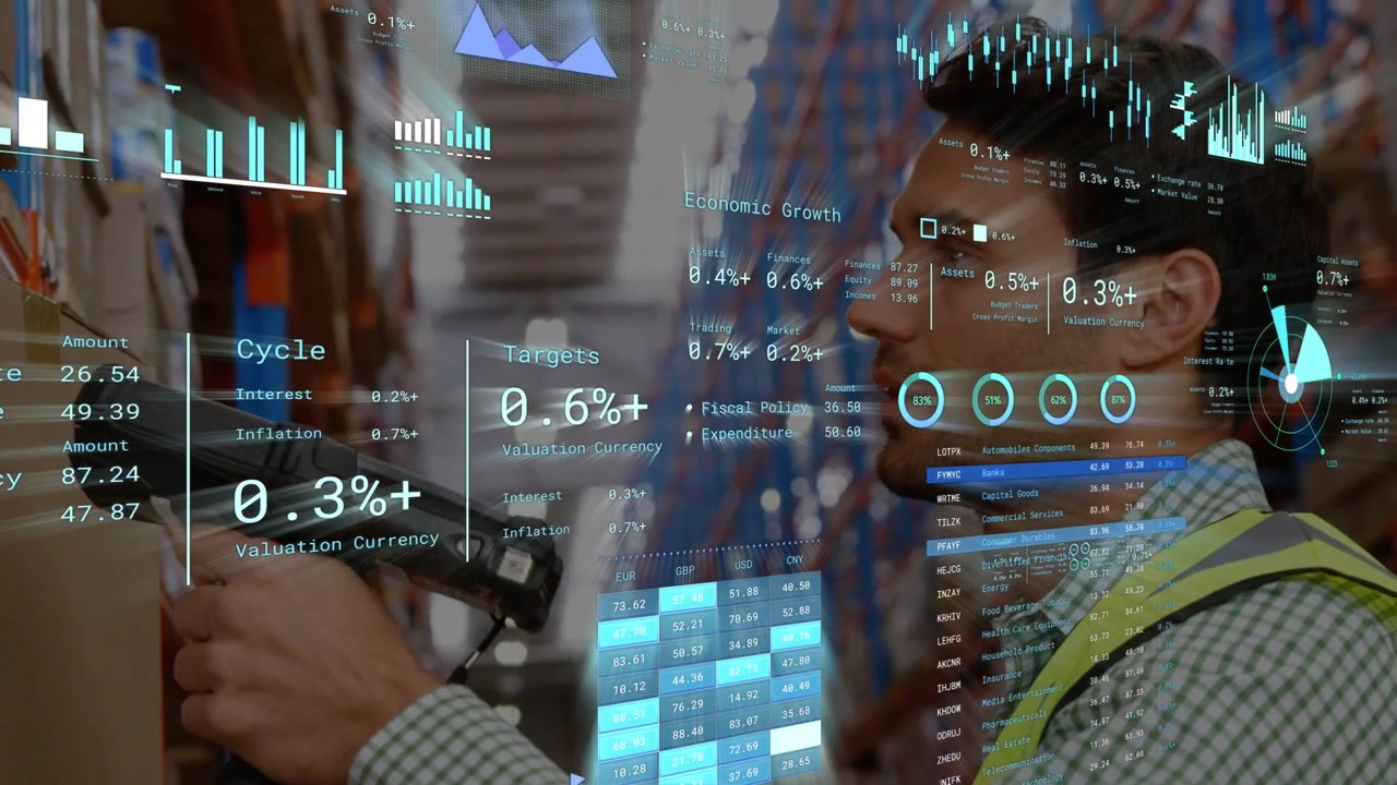 Warehouse worker bringing scanner to label in aisle, verifying stock while overlay updating charts