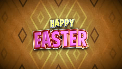 Happy-Easter-cartoon-text-with-geometric-pattern-on-orange-texture