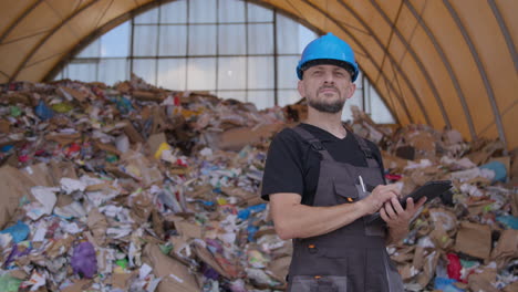 Man-wearing-hard-hat-and-overalls-make-calculations-on-tablet-at-recycling-plant