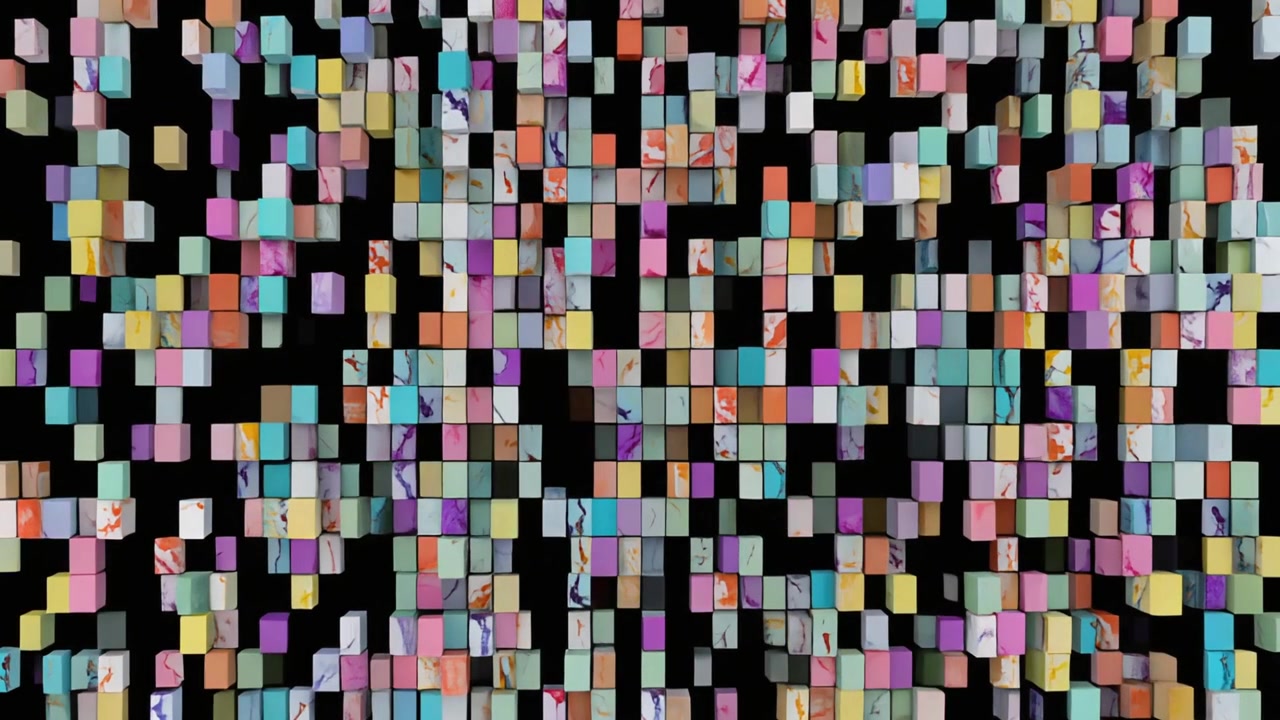 Abstract Animation of Colorful Marble Textured Cubes Forming a Grid