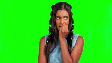 Face,-green-screen-and-woman-bite-nail