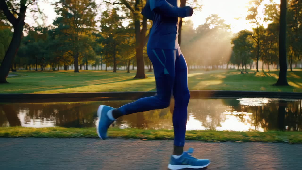 Uomo che corre in un parco all'alba