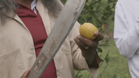 slow motion footage of a person slicing off the skin of a lemon with a machete