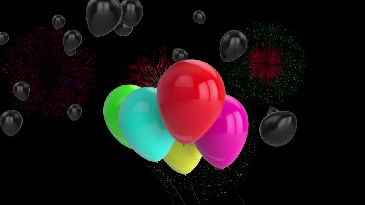 animación de globos negros y coloridos con fuegos artificiales de navidad y año nuevo en el cielo nocturno
