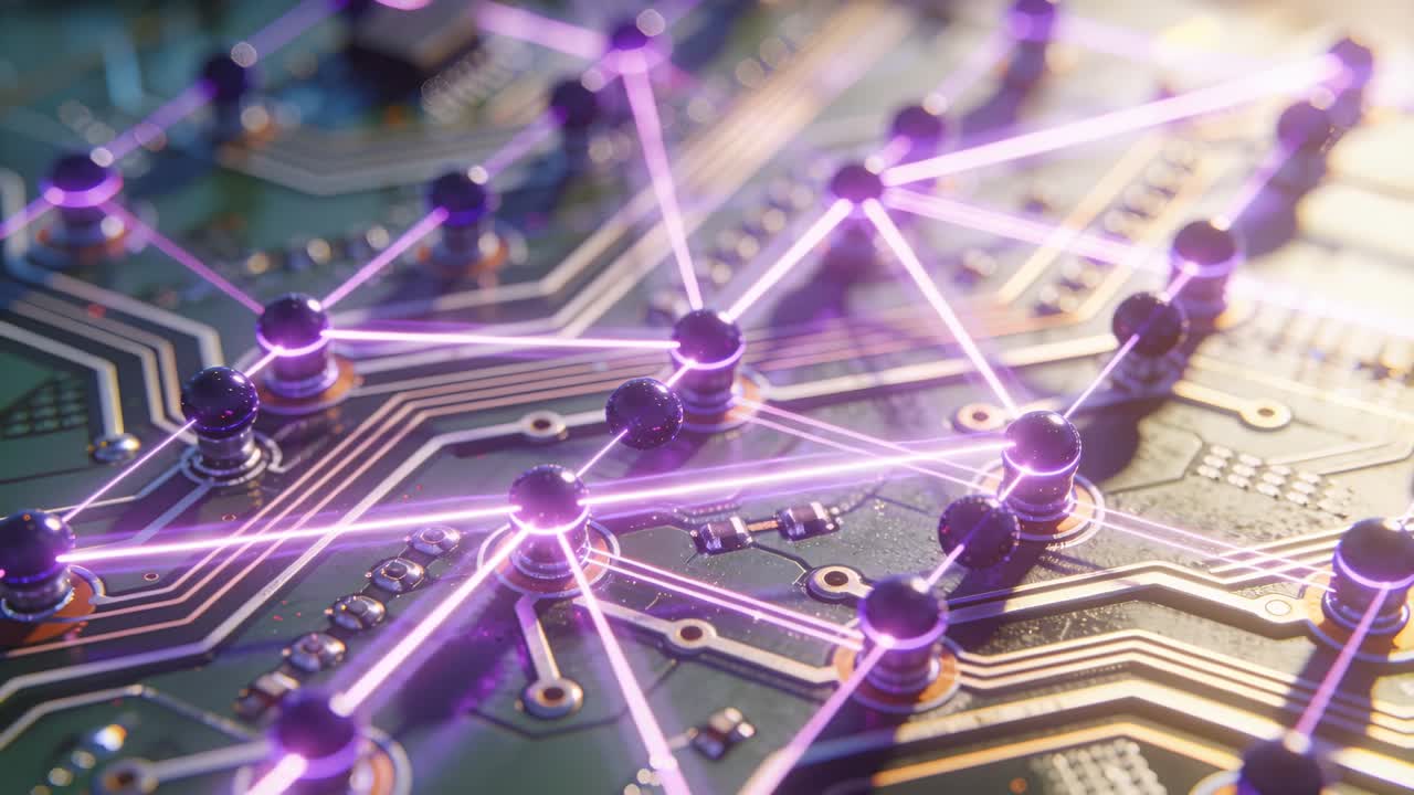 Printplaat ontvangt stroom, paarse stralen verbinden punten en pulseren langs geleiders voor technische diagnostiek.