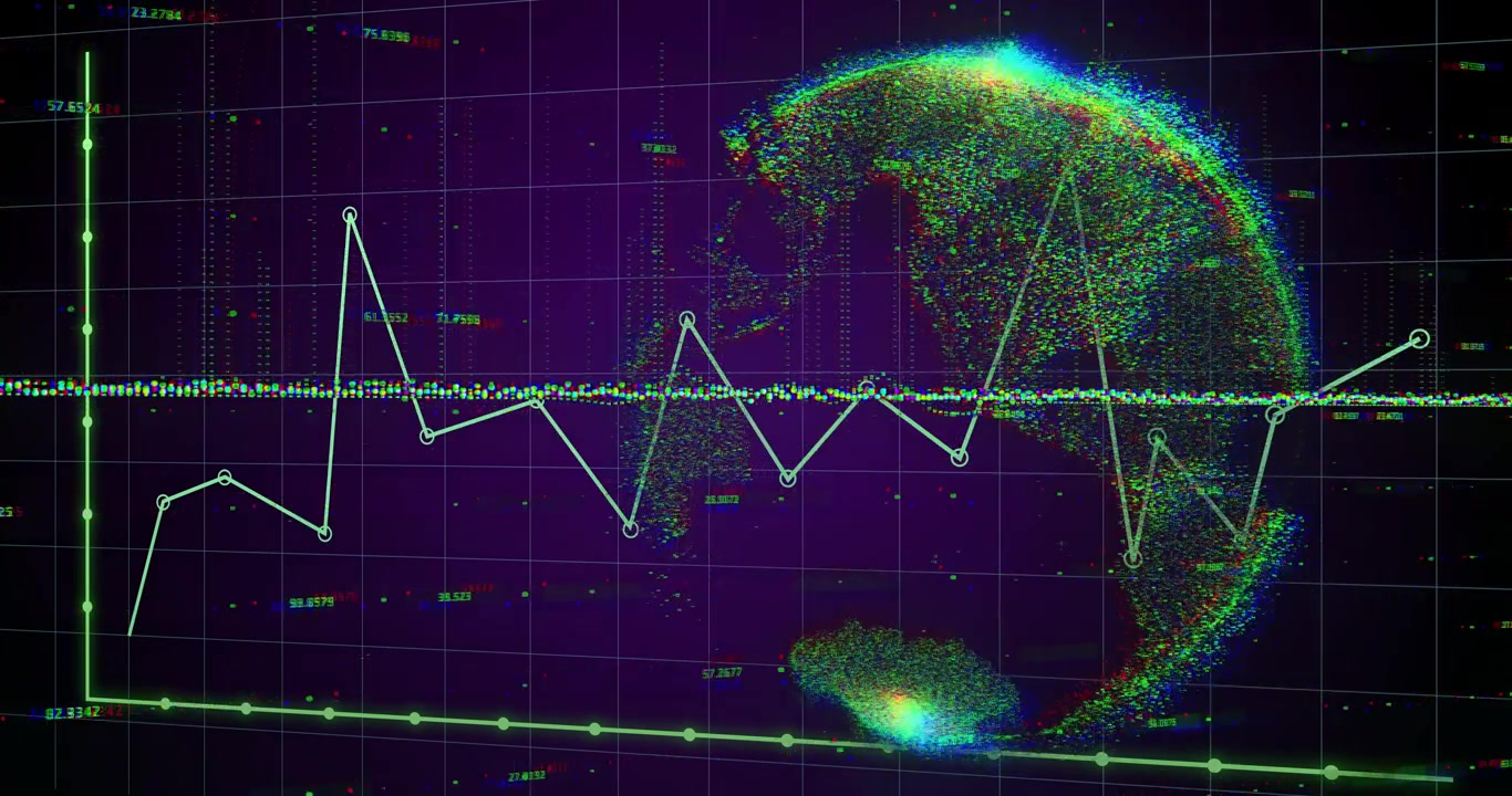 Griglia che avvia una polilinea fluttuante mentre un globo emerge illustrando le tendenze dei dati
