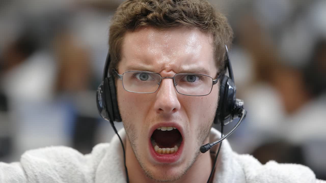 Intense Expression of Frustration: A Close-Up of a Young Man with Headset Showing Emotion in a High-Stress Environment