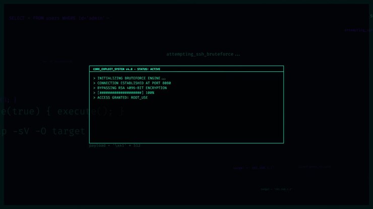Cybersecurity Interface Displaying Automated Brute Force Exploit Sequence