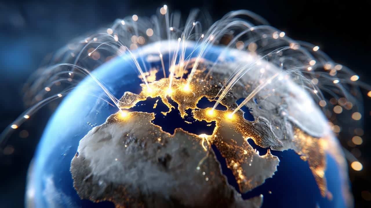 A Stunning Visualization of Global Connectivity: Illuminated Earth with Network Lines Highlighting Major Cities and Data Flows Across Continents