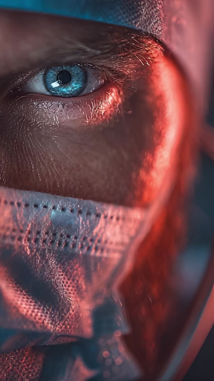 Intense Close-Up of a Medical Professional's Eye Revealing Determination and Focus Under Dramatic Lighting Conditions in a Surgical Context