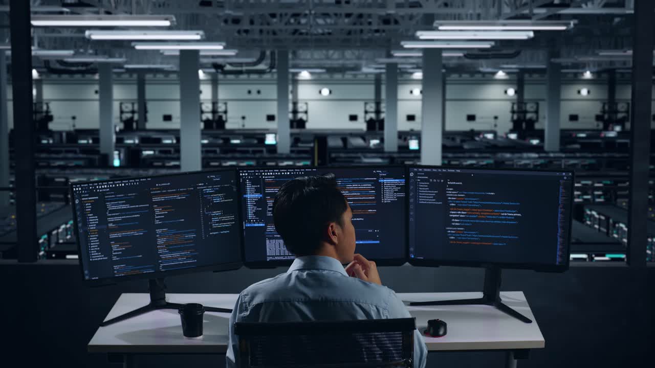 Back View Of Asian Man Developer Thinking About Something Then Raising His Index Finger While Write Code With Multiple Computer Screens In Data Center