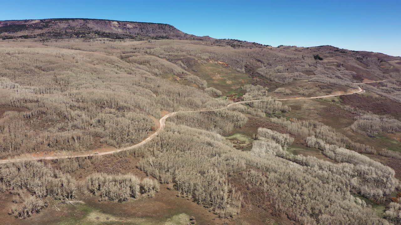 conducción de vehículos en una carretera de montaña a través de álamos desnudos, pasando por el bosque nacional dixie en utah