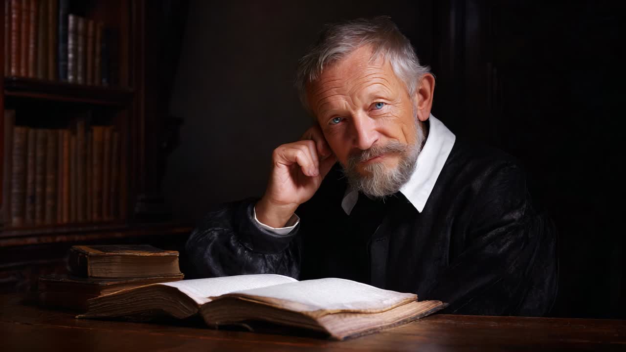 An elderly bearded scholar in a black robe thoughtfully contemplates while resting his chin on his hand beside an open ancient book in a dimly lit library, portraying wisdom and knowledge throughout the ages