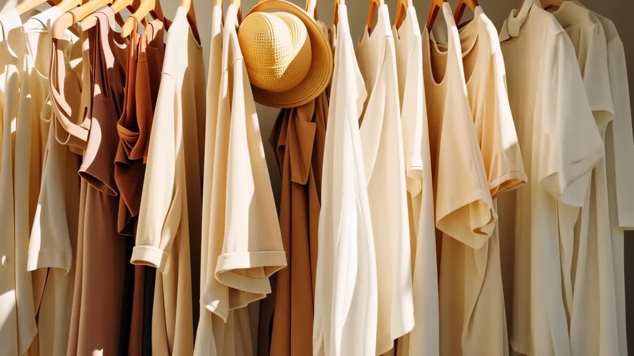 Aesthetic video of neutral-toned clothing on hangers, shot from a straight-on angle