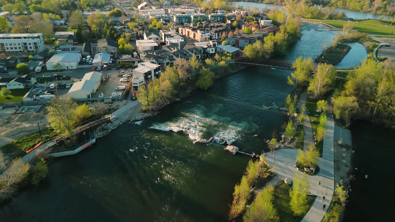 Flying the drone behind the surf wave on the Boise River.