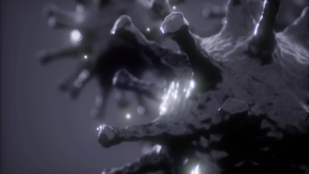 Microscopic view of a virus revealing intricate structures in dark hues