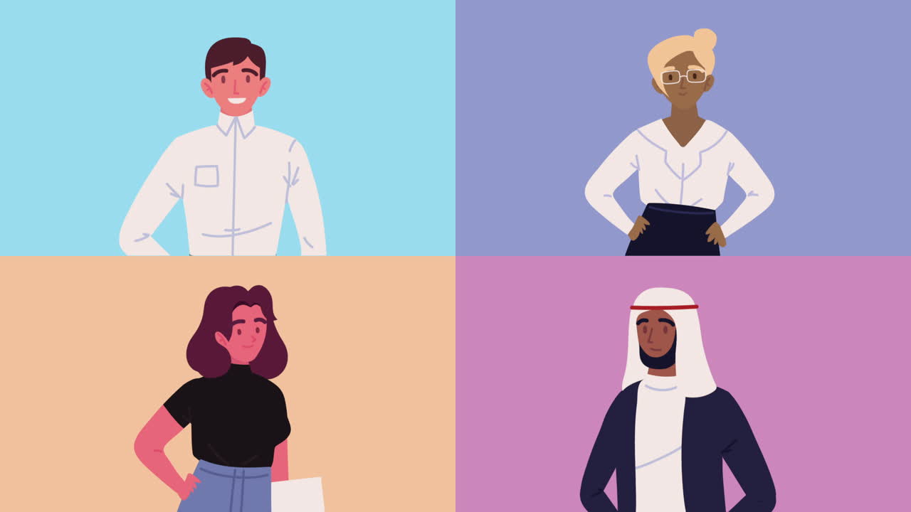 animación de personajes de cuatro trabajadores en equipo