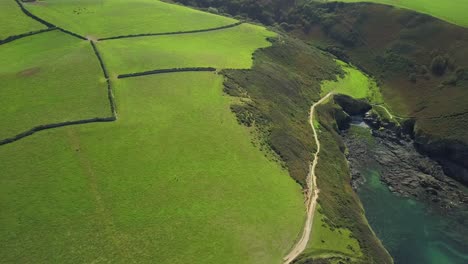 Wunderschöne-Grüne-Landschaft-Der-Stadt-Port-Isaac-In-England-–-Luftaufnahme