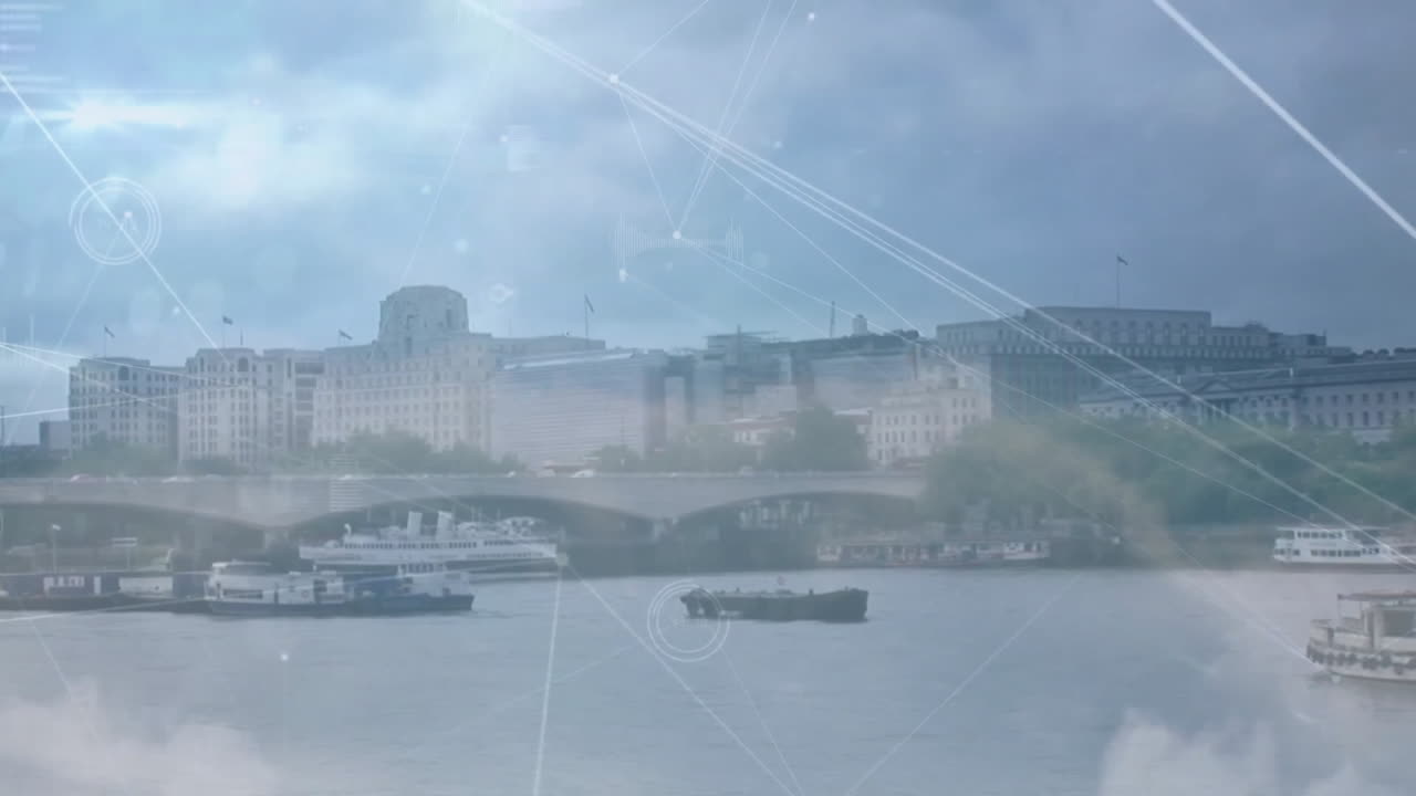 도시 풍경에 대한 연결 네트워크와 데이터 처리의 애니메이션