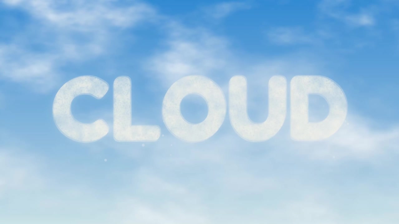 Text shaped like clouds drifts slowly across a bright blue animated cloudy sky background.