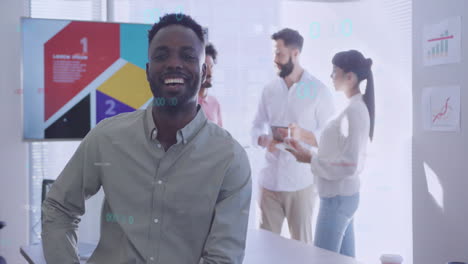 animation of financial data processing over african american businessman smiling