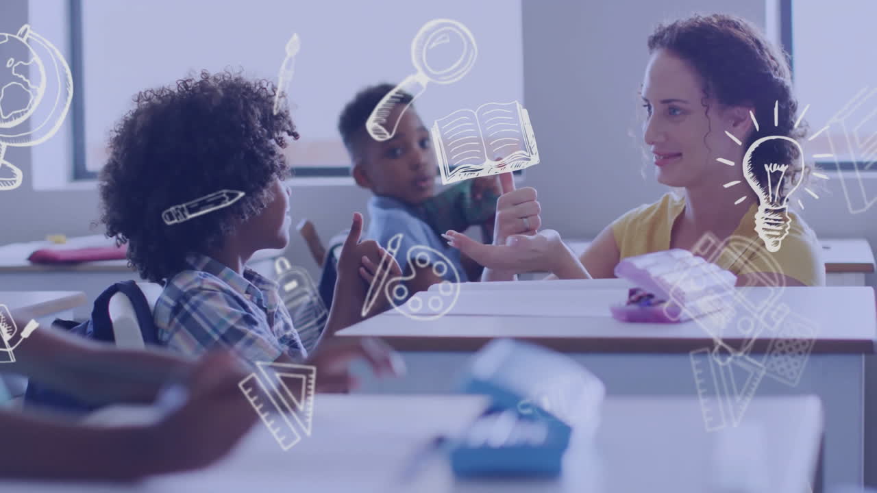 Animation of school icons over diverse schoolchildren and female teacher
