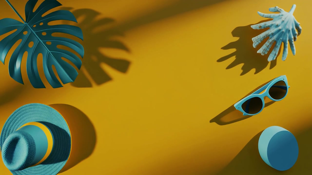 Summer Vacation Accessories on Yellow Background with Moving Shadows