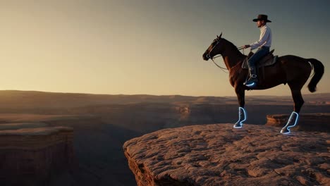 cowboy on horseback in a futuristic desert canyon at sunset