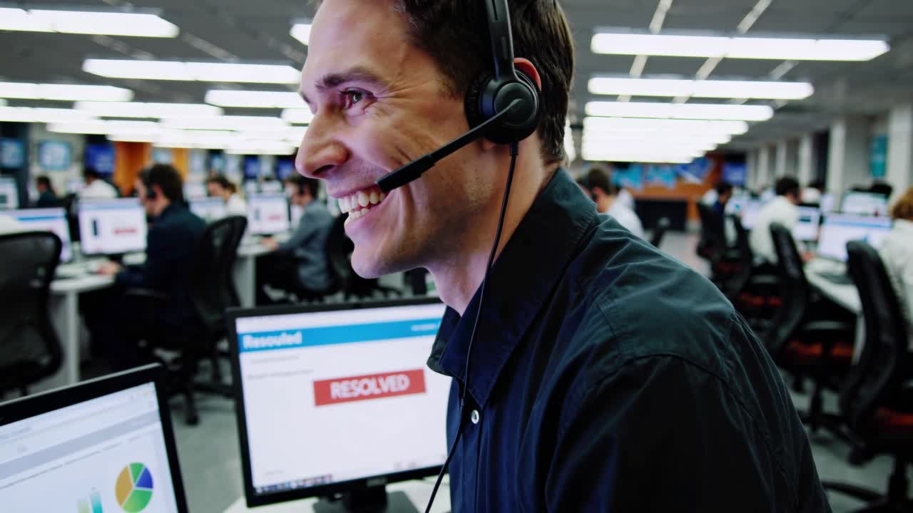A man in a call center smiles while wearing a headset, captured in a close-up angle