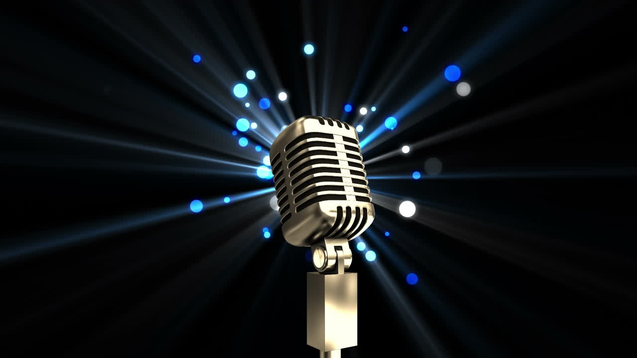 animación del micrófono sobre manchas de luz azul brillante contra un fondo negro con espacio de copia