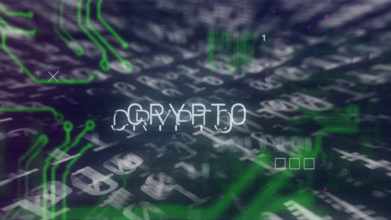 암호 문자 및 디지털 데이터 처리의 애니메이션 컴퓨터 회로 보드