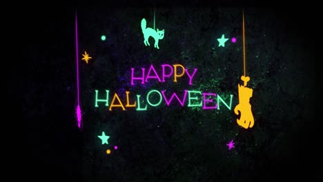 Feliz-Texto-De-Halloween-Contra-Decoraciones-Colgantes-De-Gatos,-Arañas-Y-Zombies-Sobre-Fondo-Negro